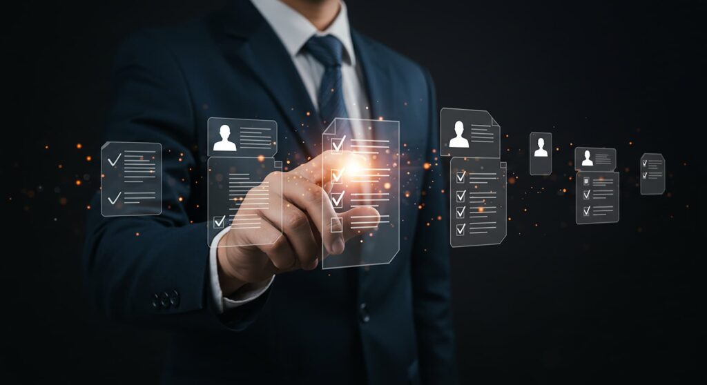 Man clicking holographic resume panel to fictionally represent what is SuccessFactors